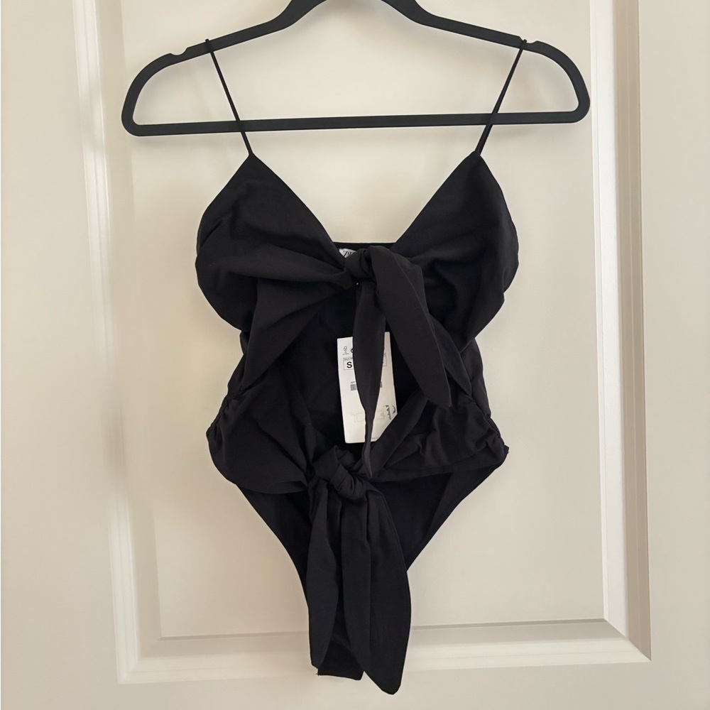 Black Tie-Front Bodysuit